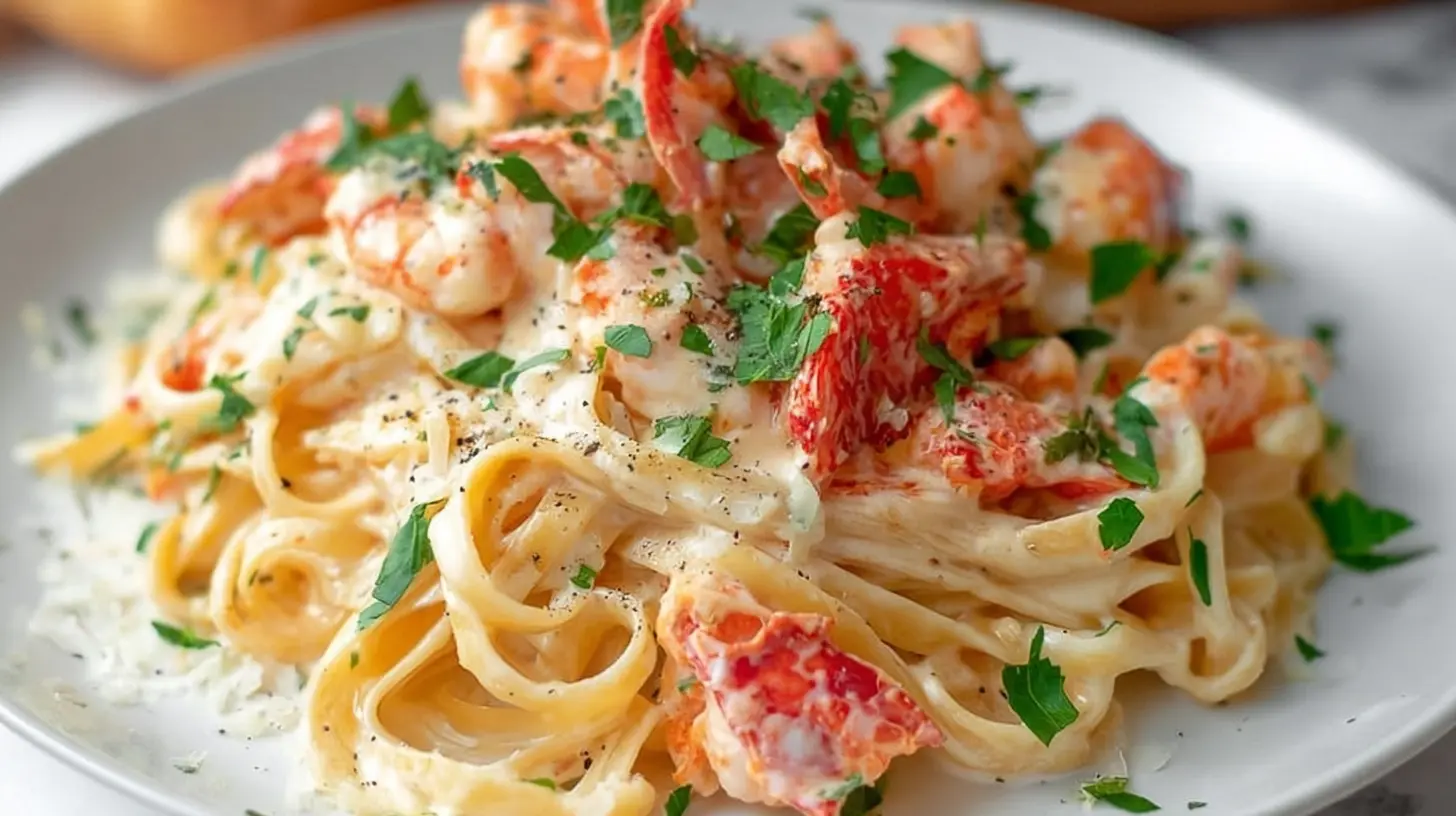 Close-up of creamy lobster alfredo featuring fresh noodles and succulent lobster