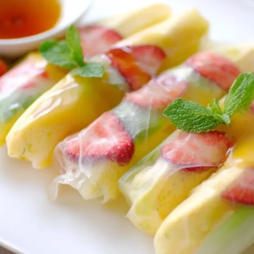 Fruit Spring Rolls: 5 Easy Steps to Sweet Delight 2 A platter of fresh fruit spring rolls with dipping sauce