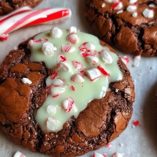 A close-up of delicious fudgy peppermint brownie cookies with vibrant red and white sprinkles.