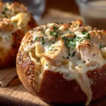 Hearty chicken alfredo in toasted garlic bread bowls