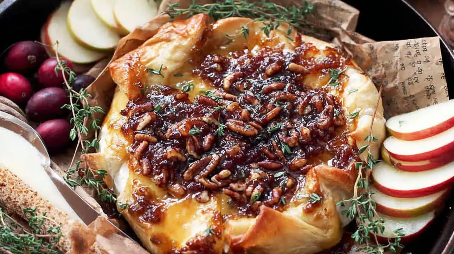 Golden-crusted baked brie with a generous dollop of fig jam