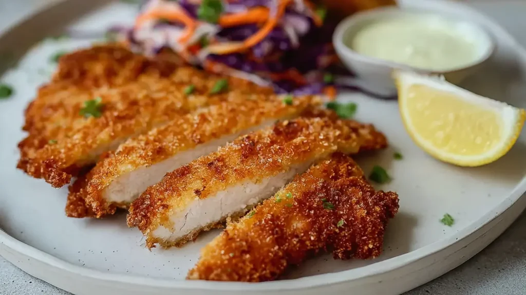 Deliciously fried chicken schnitzel, showcasing its golden-brown exterior