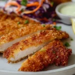 Deliciously fried chicken schnitzel, showcasing its golden-brown exterior