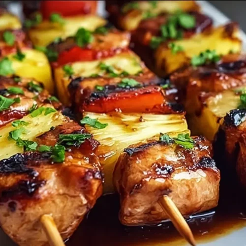 Delicious grilled BBQ pineapple chicken kabobs with colorful vegetables.