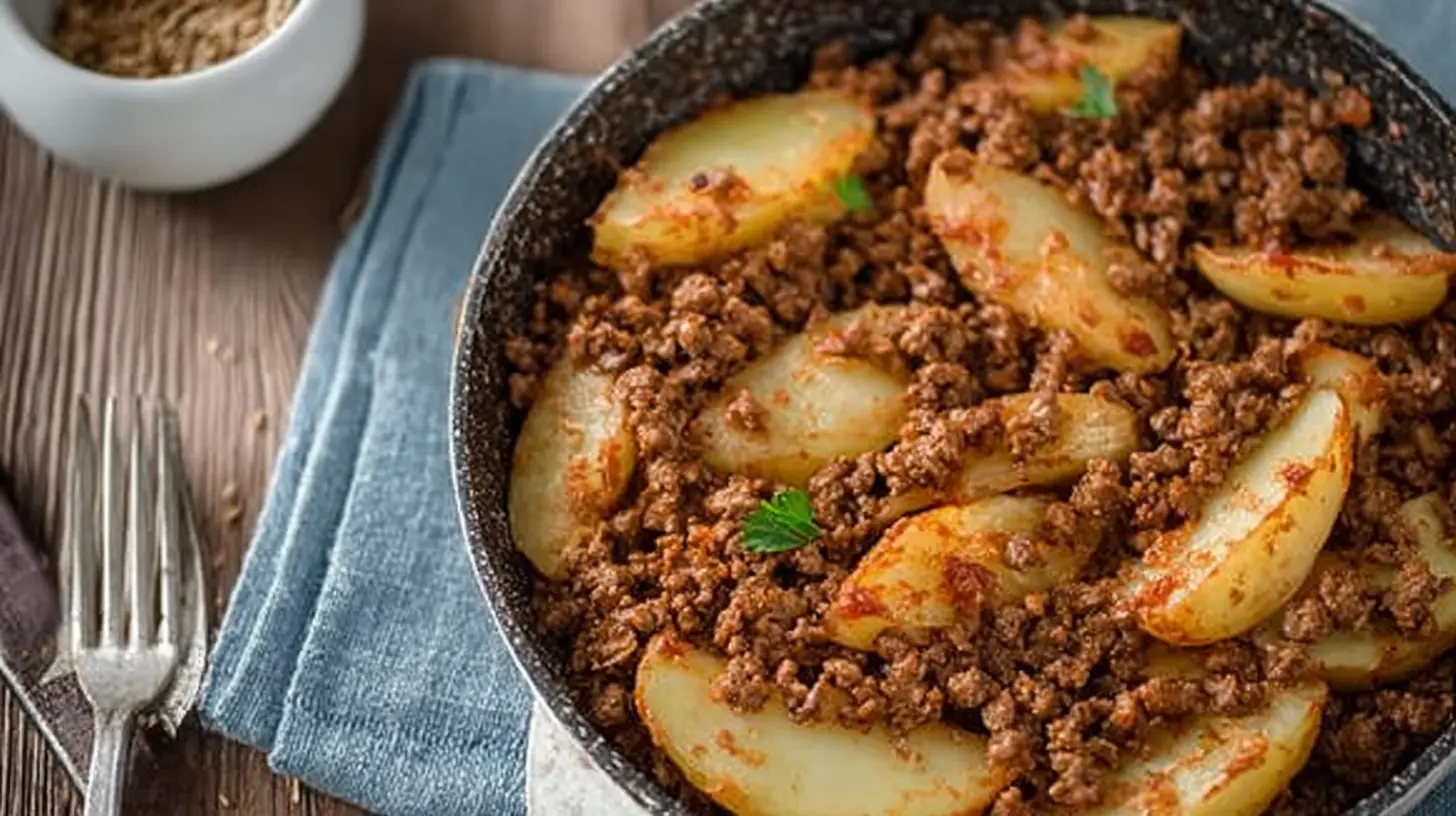 A hearty meal featuring browned ground beef mixed with tender cubed potatoes in a rustic setting.