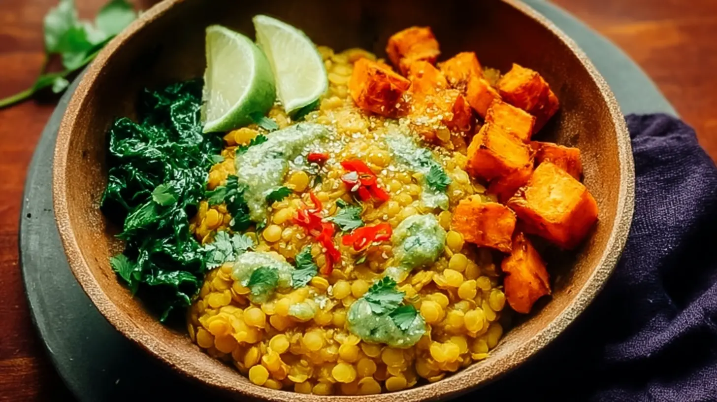Vegan Curried Lentil Bowl: Get 1 Perfect Meal 1 Close-up of a hearty vegan curried lentil bowl, rich in color and texture.