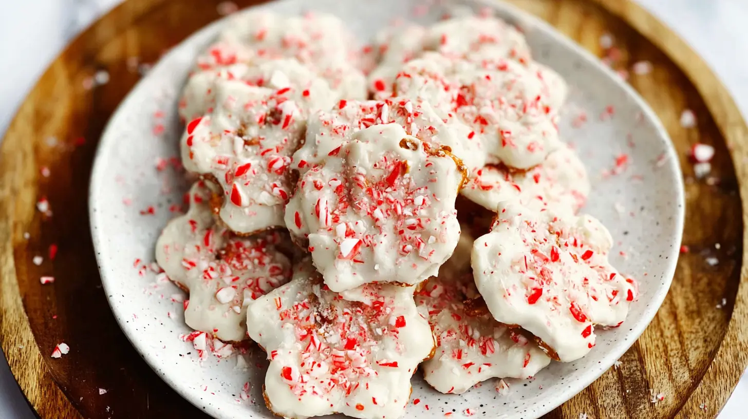 Numerous white chocolate peppermint pretzel crisps arranged artfully