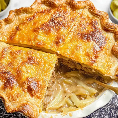 A freshly baked homemade cheeseburger pie with a golden crust and visible cheese topping.