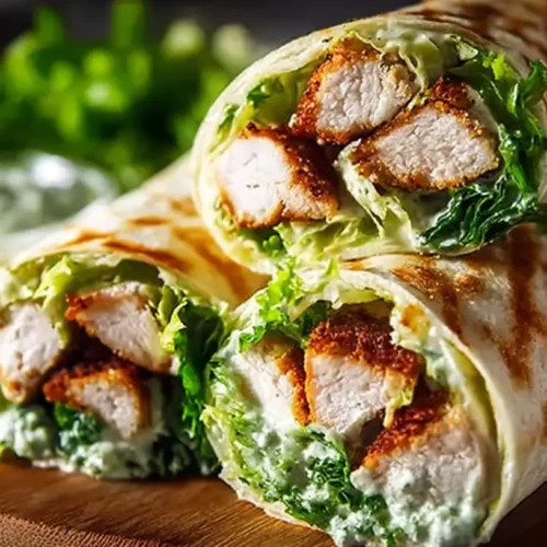 A close-up of an irresistible chicken Caesar wrap, bursting with fresh ingredients