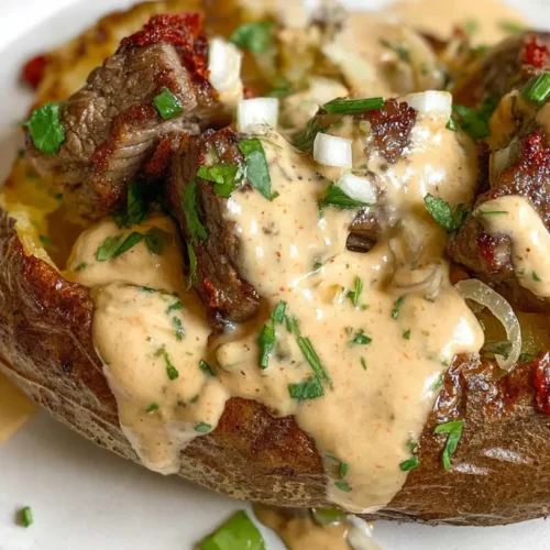 Loaded Baked Potato with Steak Bites: 4 Must-Try Toppings 2 A loaded baked potato topped with tender steak bites and various toppings.
