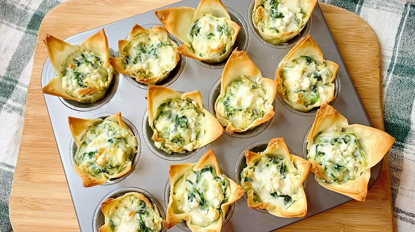 Individual spinach and artichoke dip cups freshly baked