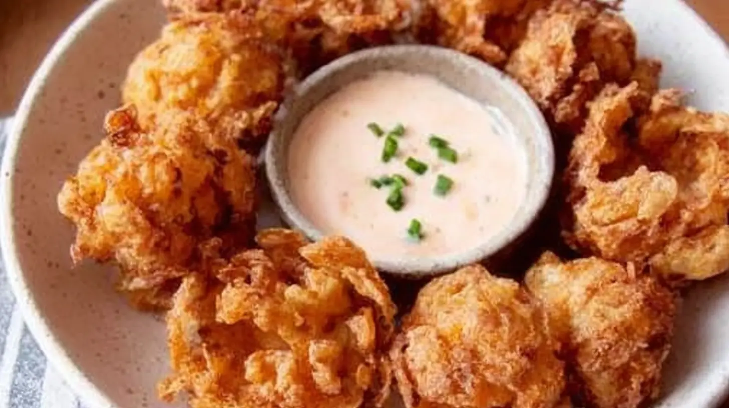 Individual blooming onion pieces arranged beautifully alongside a bowl of ranch dip.