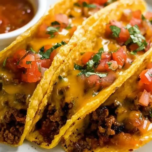 Oven-Baked Cheesy Tacos: How to Make 10 in No Time Flat 2 Several oven-baked cheesy tacos arranged neatly on a baking sheet, ready to serve.