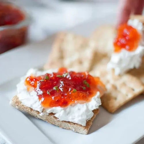 A block of cream cheese topped with vibrant pepper jelly, ready to serve.