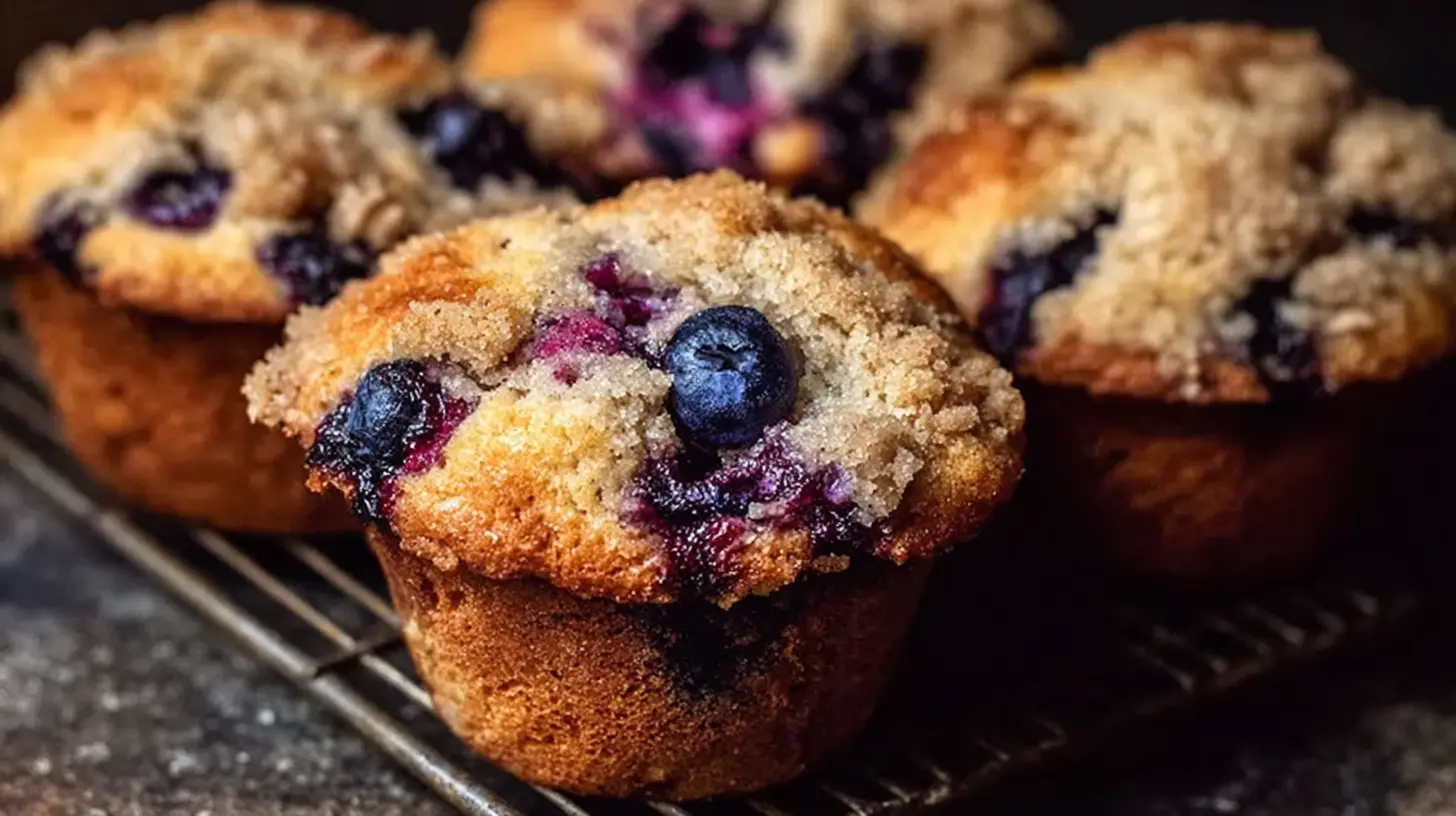 Bakery Style Blueberry Muffins: Best 5 Recipes 1 Several freshly baked bakery style blueberry muffins on a cooling rack