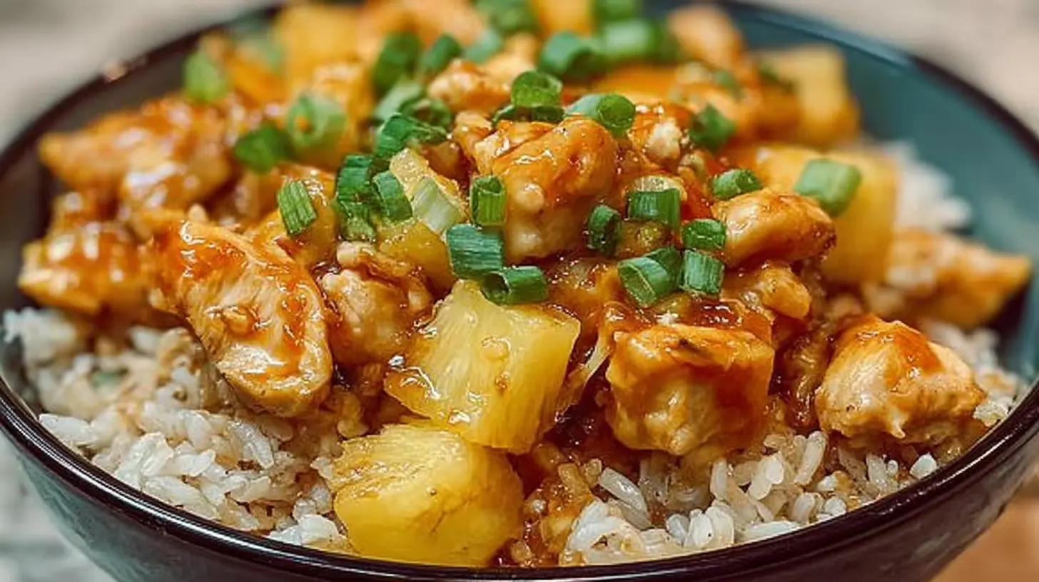 Pineapple Chicken and Rice: How to Make 5-Star Flavor 1 Close-up of pineapple chicken and rice, featuring juicy chicken pieces and tangy pineapple.