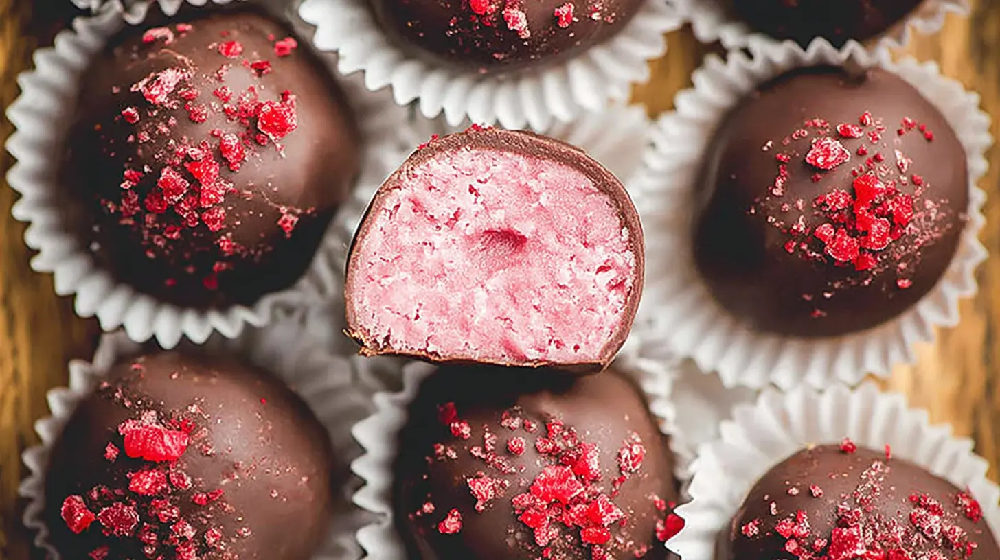Creamy Raspberry Truffles: 1 Easy Recipe 1 Several delectable creamy raspberry truffles on a white display.