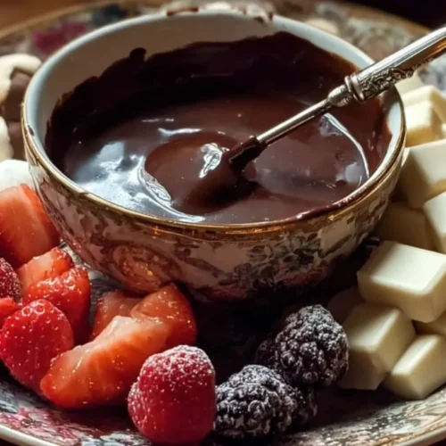 A pot of rich, melted chocolate fondue with dippers