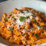 Close-up of creamy tomato garlic pasta garnished with Parmesan cheese.
