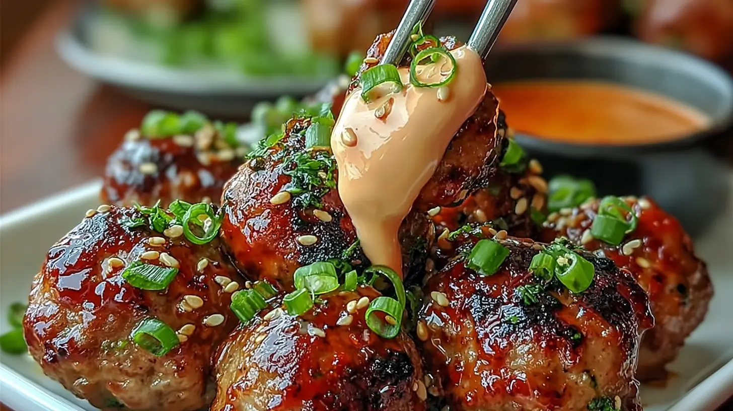 A plate of Korean BBQ meatballs drizzled with creamy, spicy mayo sauce.