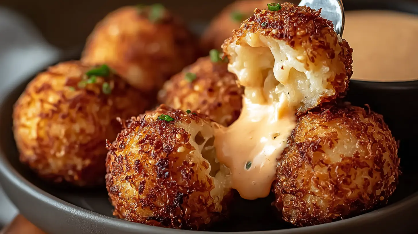 Reuben Balls with Spicy Thousand Island Dipping Sauce: 8 New Ideas! 1 Crispy fried Reuben Balls alongside a small bowl of spicy Thousand Island sauce.