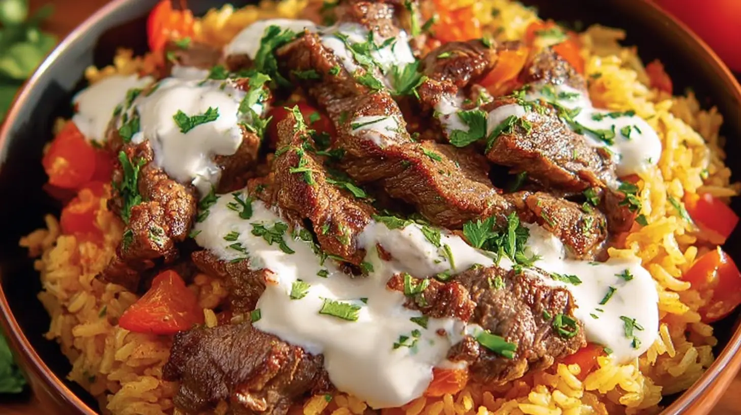 Close-up of a portion of steak queso rice, highlighting its rich textures.
