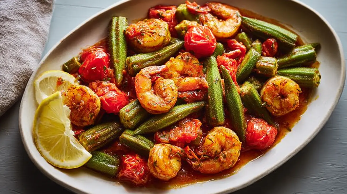 Smothered Okra with Shrimp and Tomatoes: 5 Reasons to Try It 1 A vibrant dish featuring Smothered Okra with plump shrimp and ripe tomatoes.