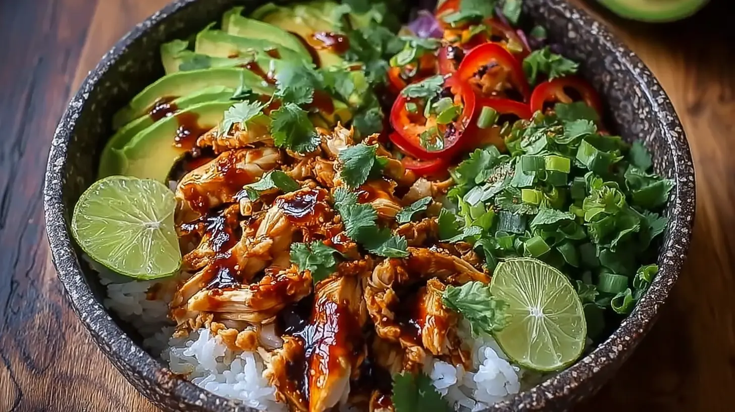 Honey Chipotle Chicken Bowls: Our Top 10 Tips 1 Overhead shot of a Honey Chipotle Chicken Bowl with colorful ingredients