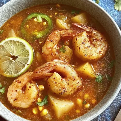 A steaming bowl of vibrant red spicy shrimp soup garnished with fresh herbs.