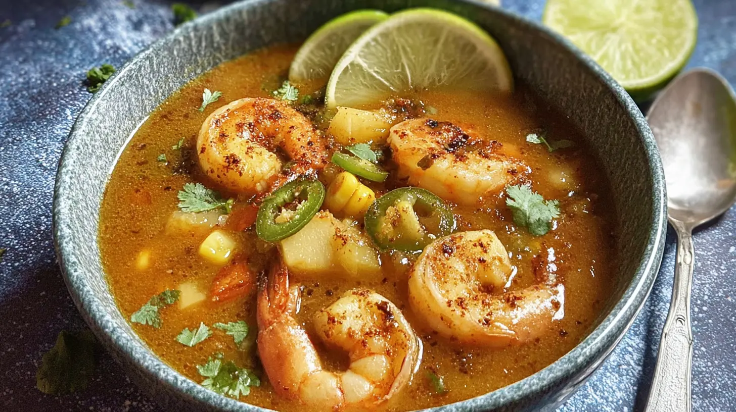 Close-up of spicy shrimp soup with succulent shrimp and colorful vegetables.