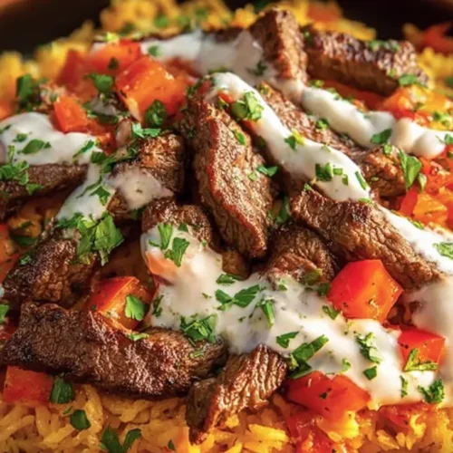 A flavorful cooked steak queso rice dish, ready to be served.