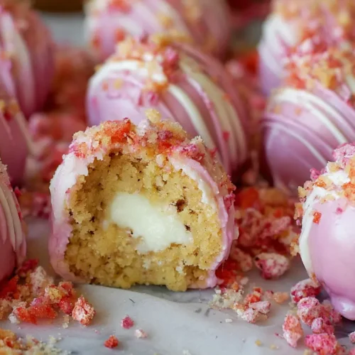 Strawberry Cheesecake Truffle Balls: My 1 Favorite Dessert! 2 Strawberry cheesecake truffle balls dusted with powdered sugar