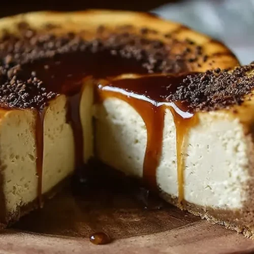 A close-up of a slice of creamy vanilla bean brown butter cheesecake.