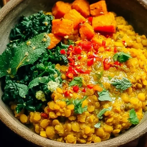 Vegan Curried Lentil Bowl: Get 1 Perfect Meal 2 A vibrant vegan curried lentil bowl, garnished with fresh herbs and spices.