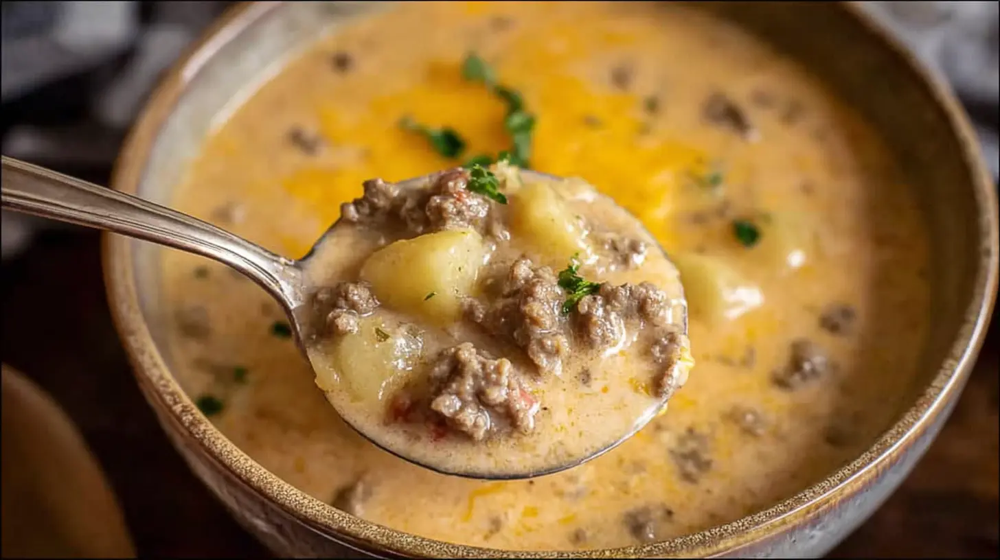 Cheesy Beef and Potato Soup: 6 Ways to Elevate Your Meal 1 Close-up of cheesy beef and potato soup with melted cheese swirls