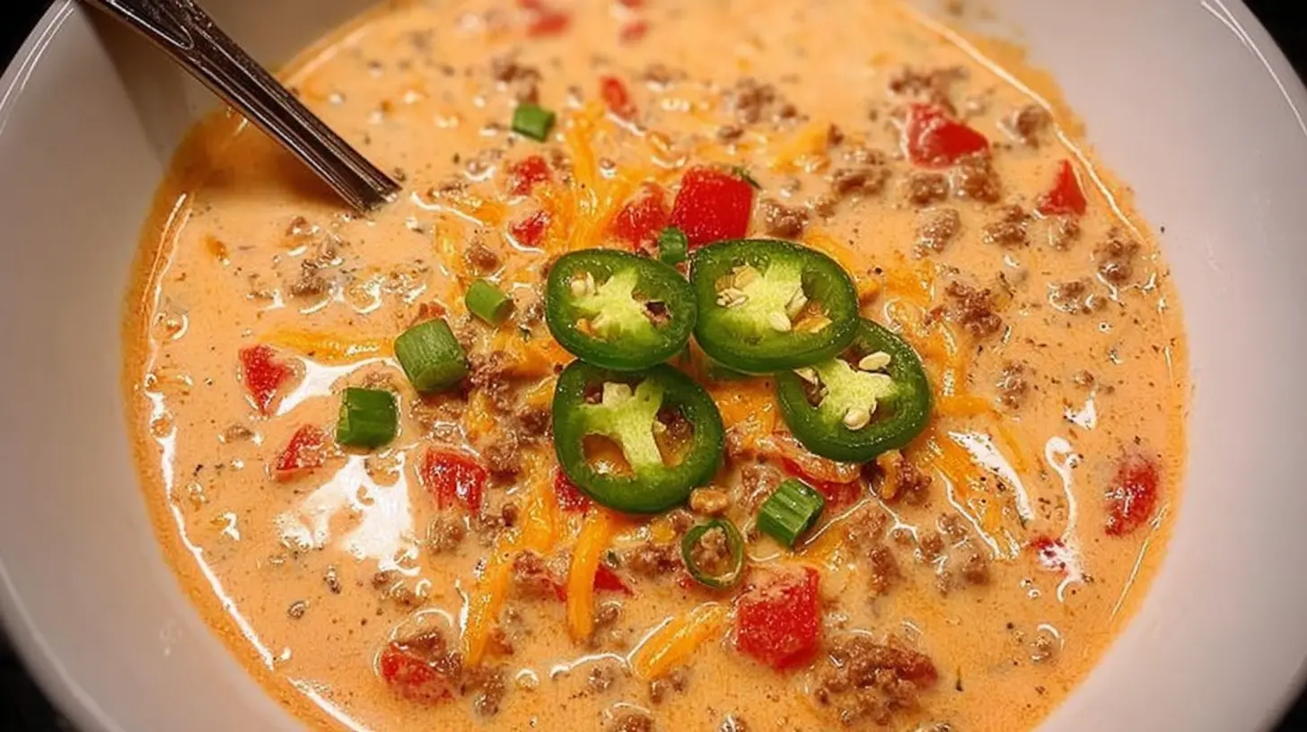 Warm creamy cheesy ground beef taco soup garnished with fresh avocado slices