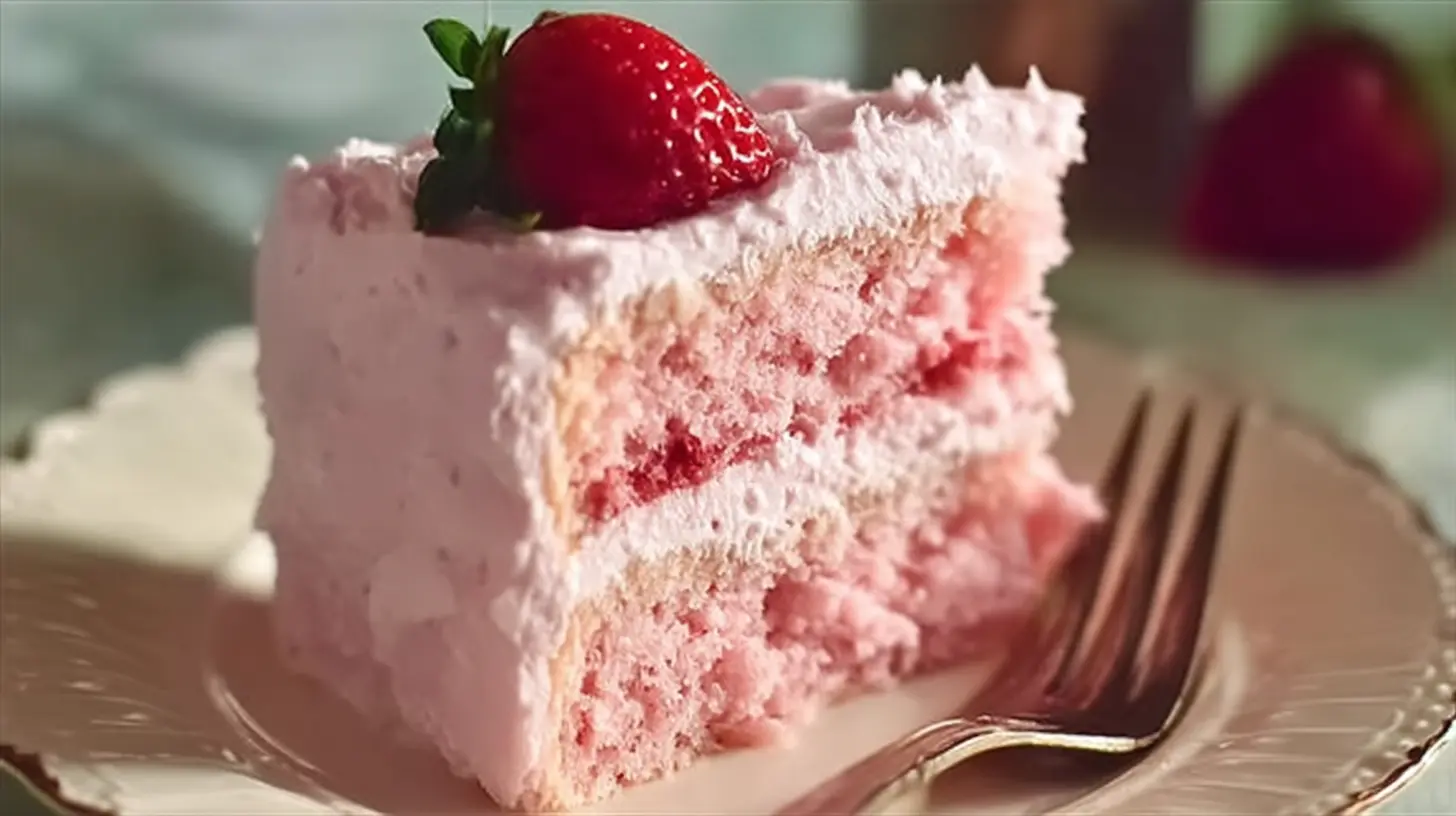 A freshly baked homemade strawberry cake, topped with creamy frosting and whole strawberries.