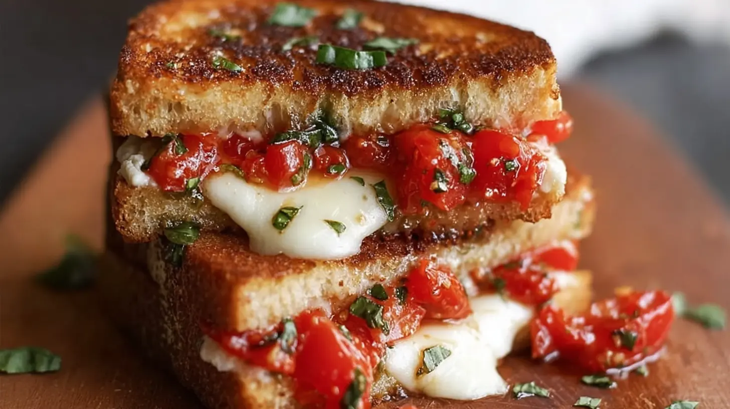Bruschetta Grilled Cheese Sandwich: 10 Minute Meal 1 Close-up of a cheesy bruschetta sandwich on a cutting board