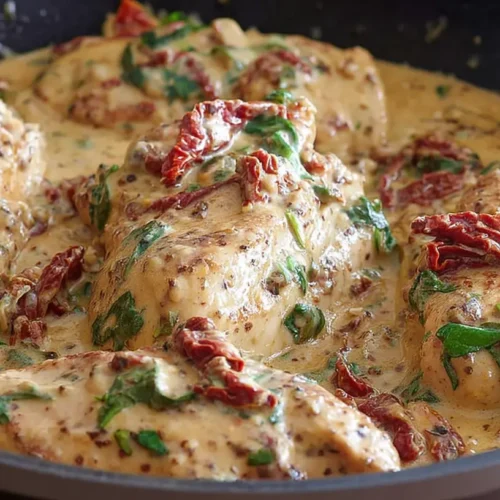 Creamy Tuscan Chicken with Sun-Dried Tomatoes — rich but weeknight-easy: 1 Simple Trick for Flavor explosion 2 A skillet filled with creamy Tuscan chicken, sun-dried tomatoes, and spinach.