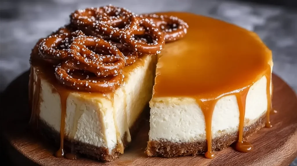 Decadent white chocolate salted caramel cheesecake with a smooth glaze.