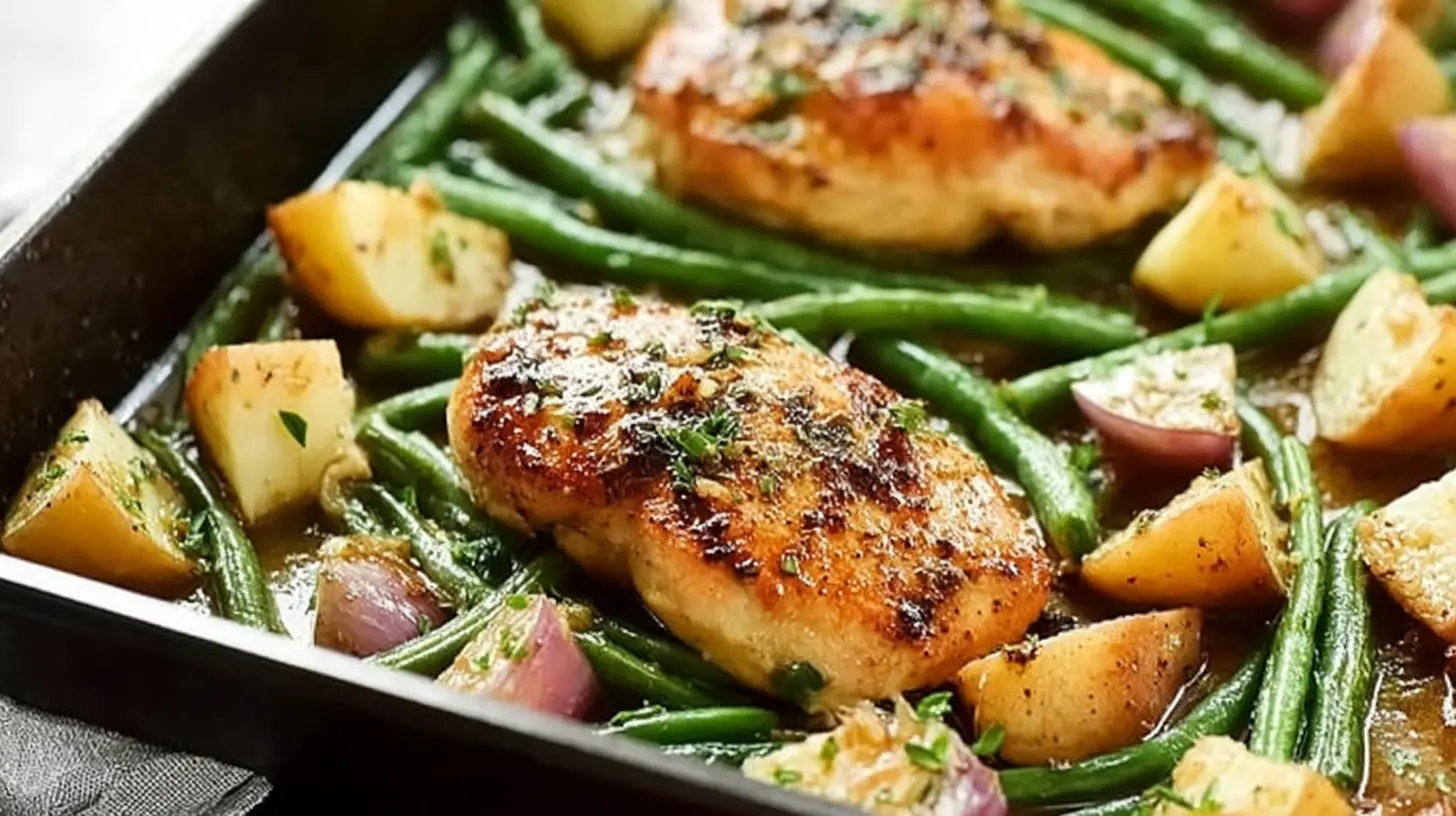 One-Pan Honey Mustard Chicken & Green Beans — sweet-savory, minimal cleanup. 5 reasons to try it tonight! 1 Roasted honey mustard chicken with vibrant green beans on a single sheet pan.