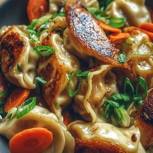 A plate of delicious Easy Potsticker Stir Fry with mixed vegetables.