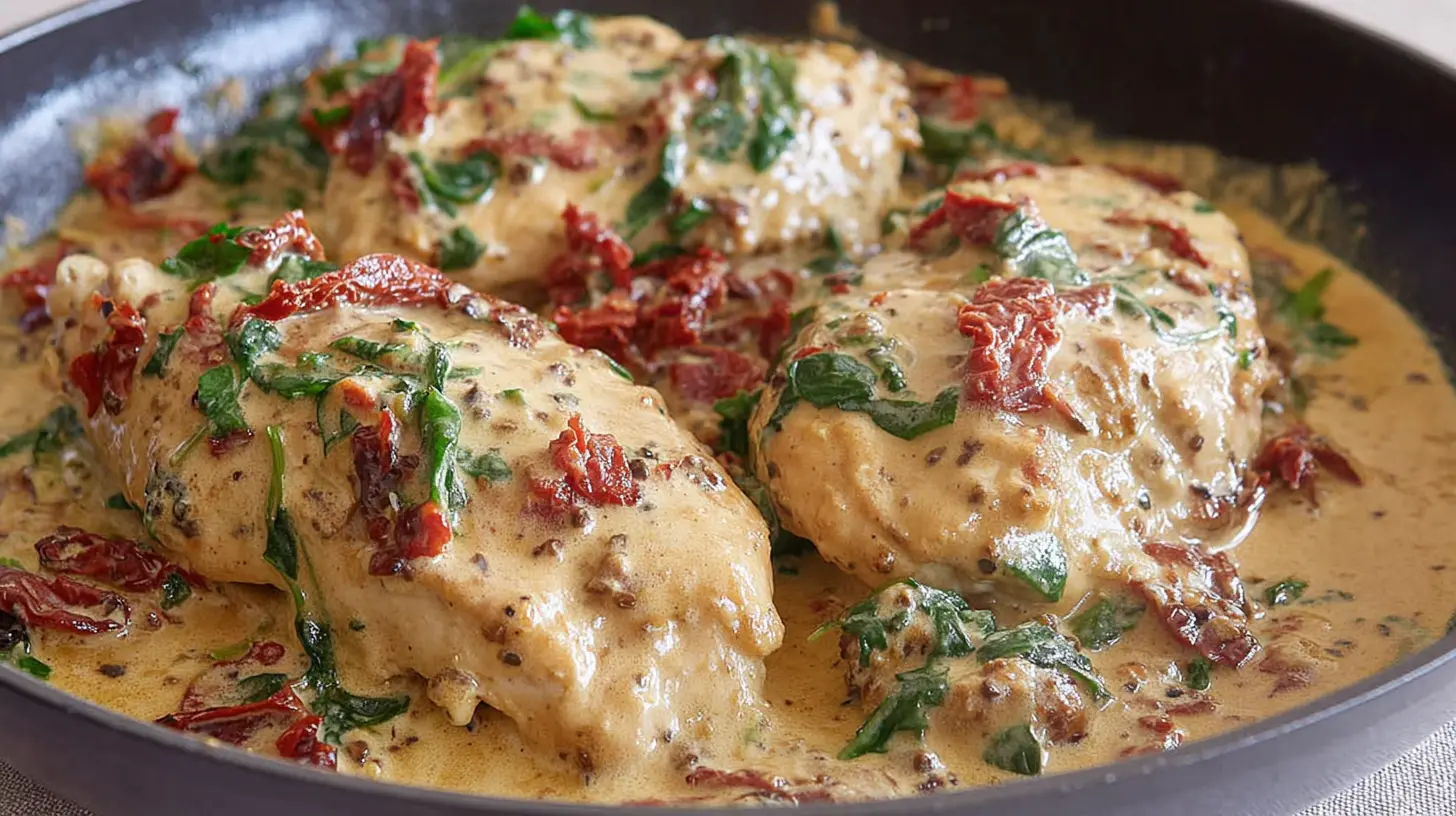 Creamy Tuscan Chicken with Sun-Dried Tomatoes — rich but weeknight-easy: 1 Simple Trick for Flavor explosion 1 Close-up of a rich creamy Tuscan chicken with pasta and herbs.