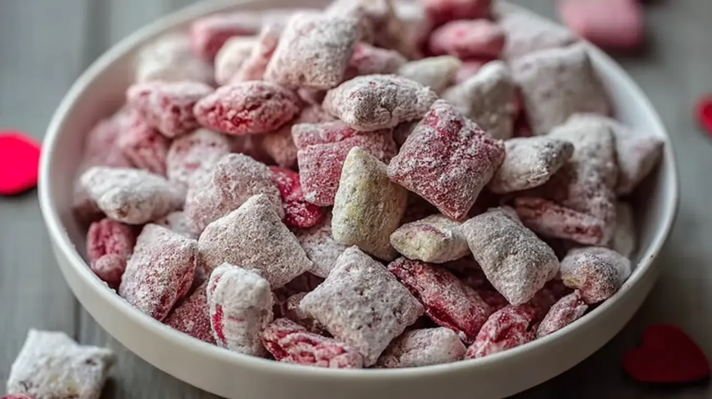 Valentine’s Day Muddy Buddies: Top 9 Variations 1 Heart-shaped candies mixed into Valentine's Day Muddy Buddies snack