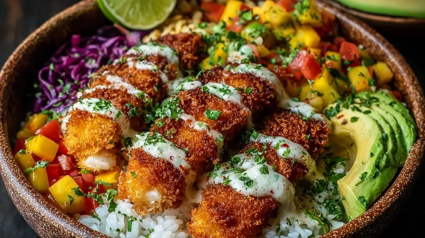 Crispy Fish Taco Bowls: Our Top 9 Tips 1 Delicious Crispy Fish Taco Bowls presented with a creamy sauce and cilantro.