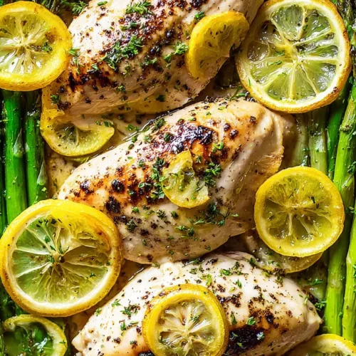 Roasted lemon herb chicken with asparagus spears, cooked to perfection.