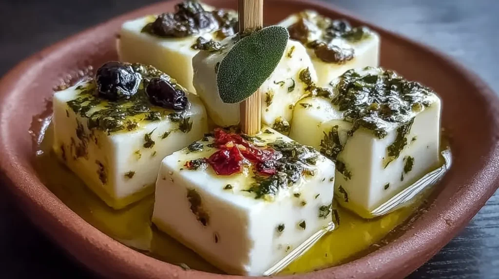 Bite-sized marinated cheese pieces, ready to be served.