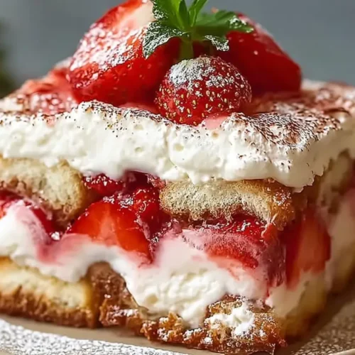 No-Bake Strawberry Tiramisu Dessert: 5 Easy Steps! 2 A vibrant No-Bake Strawberry Tiramisu dessert layer with fresh strawberries.