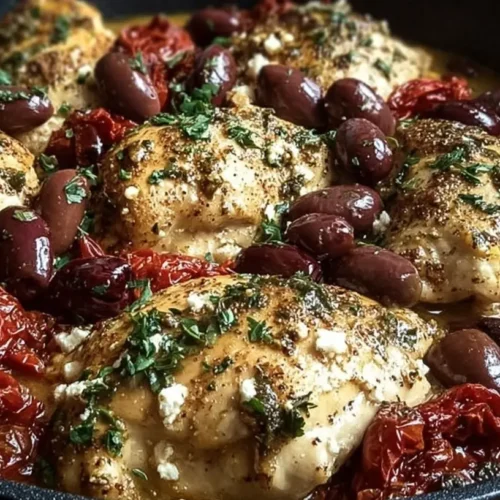 One-Pan Greek Chicken with Olives & Feta — briny and fresh. 5 Easy Steps. 2 One-pan Greek chicken dish with olives and feta cheese, showcasing briny and fresh ingredients.