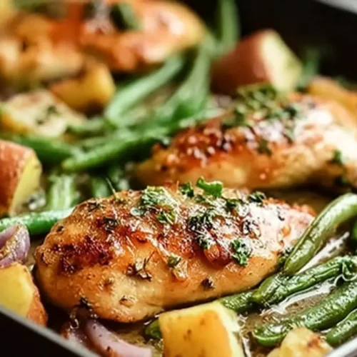 One-Pan Honey Mustard Chicken & Green Beans — sweet-savory, minimal cleanup. 5 reasons to try it tonight! 2 A one-pan honey mustard chicken and green beans dinner baking in the oven.